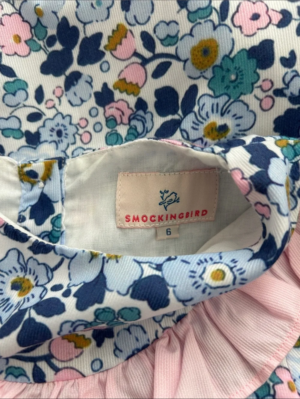 EUC Smockingbird Girl Floral Dress with Pink Ruffle Collar